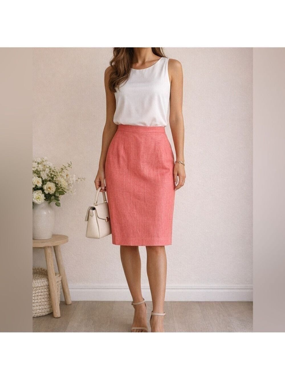 Harvé Benard Coral Linen Pencil Skirt Size 10 Classic Office Summer Y2K vintage